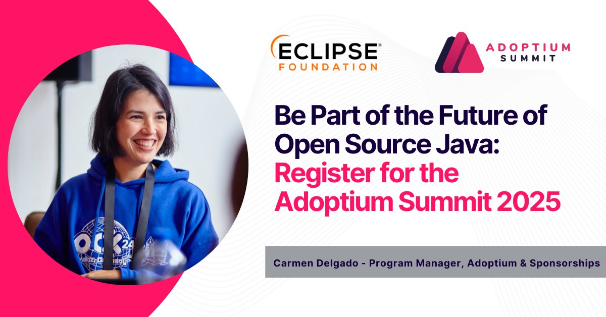 Eclipse Adoptium (@adoptium) on Twitter photo The Adoptium Summit, a free half-day virtual event happening on 1 October 2025, will bring together developers, users, and ecosystem stakeholders from around the world to explore the latest innovations in Java and showcase practical real-world use cases powered by Adoptium The Adoptium Summit, a free half-day virtual event happening on 1 October 2025, will bring together developers, users, and ecosystem stakeholders from around the world to explore the latest innovations in Java and showcase practical real-world use cases powered by Adoptium