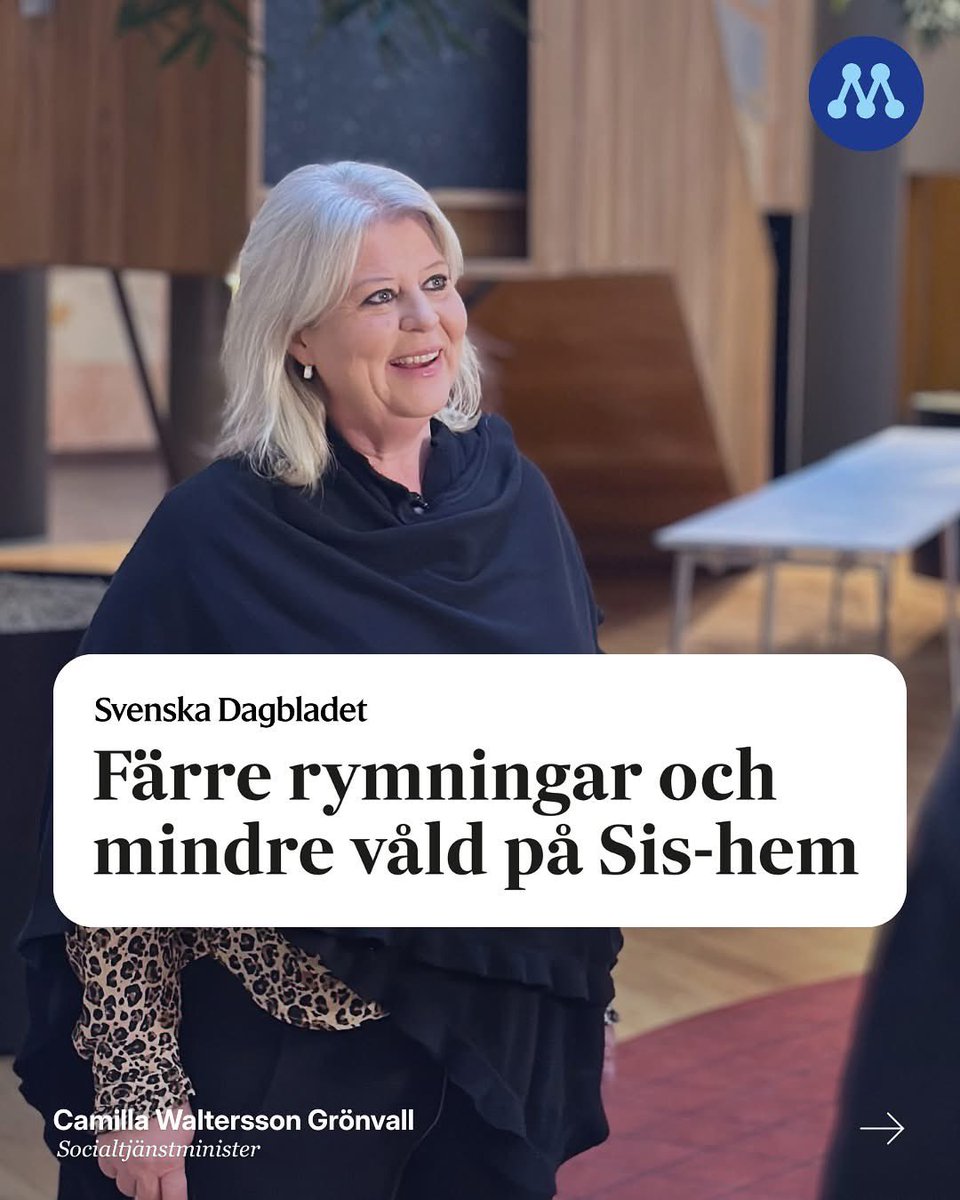 Moderatmalin's tweet photo. Regeringen gör det tryggare för ungdomar som vistas på SiS. Socialtjänstminister @CamillaWalterss gör skillnad! https://t.co/6uhNHJZiNc