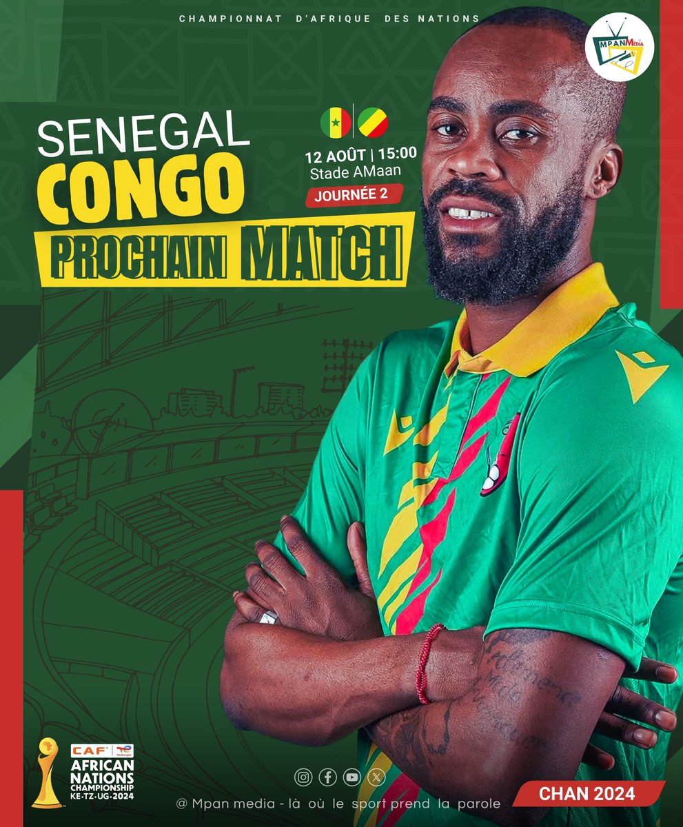 MpanMedia's tweet photo. 🇸🇳 Sénégal 🆚 🇨🇬 Congo

📍 Groupe D – 2e Journée
📅 Date : Mardi 12 août
🕒 Heure : 15h00 (heure de Brazzaville)
🏟️ Stade : Amaan Stadium

#CHAN2024 #DiablesRouges #Congo #Brazzaville #FootballAfricain #TeamCongo #MpanMedia #Sport #Actualité https://t.co/XGyev1iltr