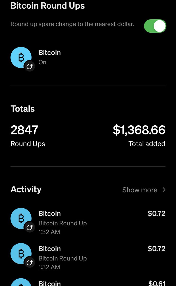 DCA for 2 1/2 years and almost 3mil sats by just rounding up. Set it and forget it and stack.