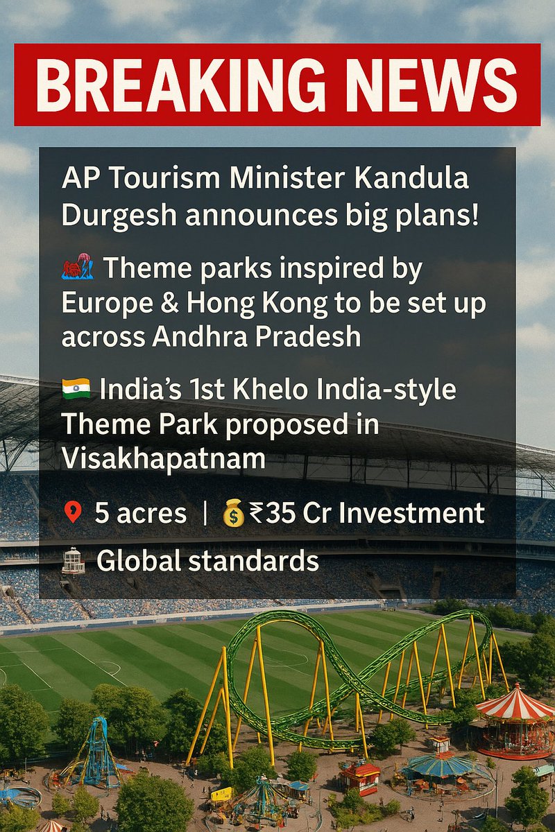 Venkat (@venkat_110) on Twitter photo AP Tourism Minister <a href="/kanduladurgesh/">Kandula Durgesh</a> unveils grand vision!
🎢 Europe & HK-style Theme Parks coming to Andhra Pradesh!
🇮🇳 India’s 1st Khelo India-style Theme Park in Vizag
📍 5 acres | ₹35 Cr | Global Standards
#AndhraPradesh #Tourism #KheloIndia #Vizag #APNews AP Tourism Minister <a href="/kanduladurgesh/">Kandula Durgesh</a> unveils grand vision!
🎢 Europe & HK-style Theme Parks coming to Andhra Pradesh!
🇮🇳 India’s 1st Khelo India-style Theme Park in Vizag
📍 5 acres | ₹35 Cr | Global Standards
#AndhraPradesh #Tourism #KheloIndia #Vizag #APNews