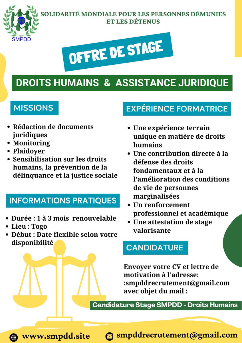 🎓 Passionné(e) par les #droits_humains ?

🌍 Rejoins la #SMPDD pour un #stage_terrain au 🇹🇬 Togo !

✍️ Missions : rédaction juridique, plaidoyer, sensibilisation...

📅 1 à 3 mois – début flexible

📩 smpddrecrutement@gmail.com

🔗 smpdd.site