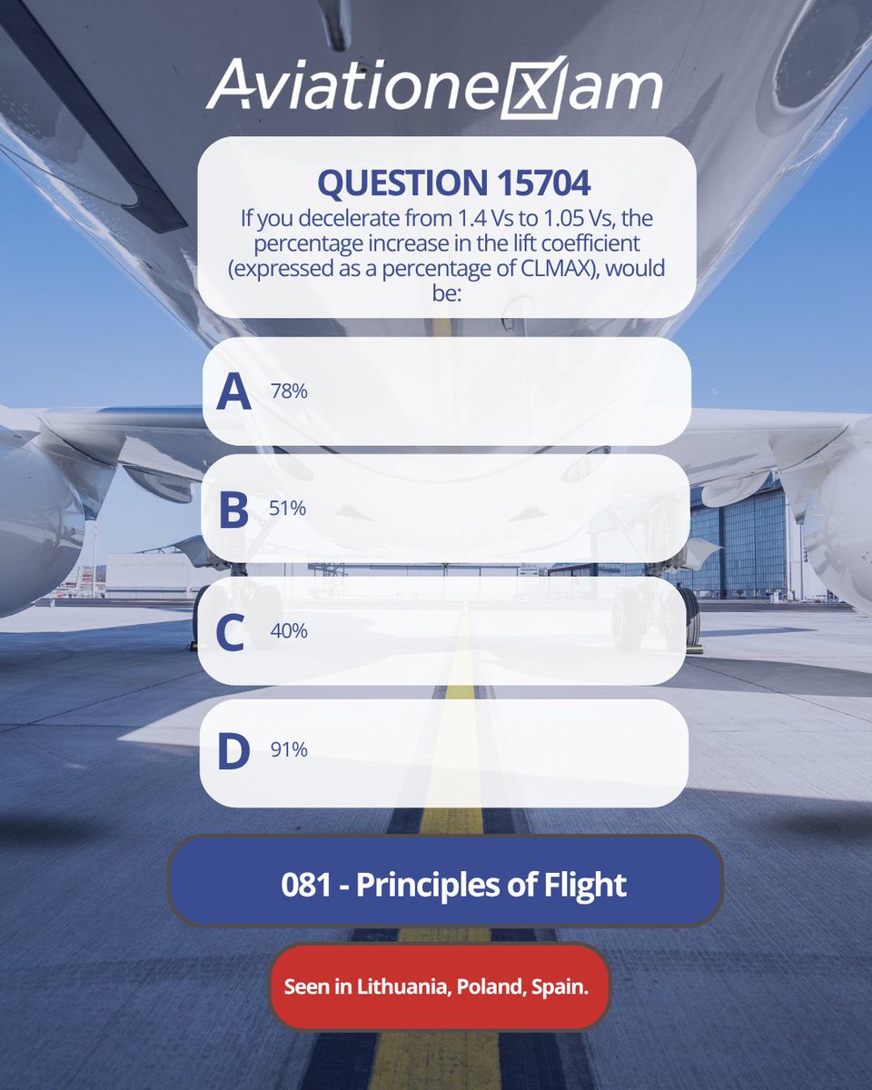 AVIATIONEXAM's tweet image. 🛩️ Question Set 081 – Principles of Flight
Test your ATPL knowledge on lift, drag &amp;amp; stability with real exam-style Qs!

📲 Follow us on IG @AVIATIONEXAM to check the correct answers &amp;amp; stay sharp!

#ATPL #PilotTraining #PrinciplesOfFlight #EASAexams #AviationExam #PPL #PilotLife