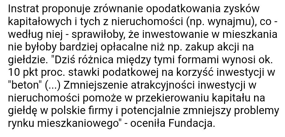 Dawid Parzyk (@dawidparzyk) on Twitter photo "<a href="/fundacjainstrat/">Fundacja Instrat</a> proponuje zrównanie opodatkowania zysków kapitałowych i tych z nieruchomości (np. wynajmu), co - według niej - sprawiłoby, że inwestowanie w mieszkania nie byłoby bardziej opłacalne niż np. zakup akcji na giełdzie. "Dziś różnica między tymi formami wynosi ok. 10 "<a href="/fundacjainstrat/">Fundacja Instrat</a> proponuje zrównanie opodatkowania zysków kapitałowych i tych z nieruchomości (np. wynajmu), co - według niej - sprawiłoby, że inwestowanie w mieszkania nie byłoby bardziej opłacalne niż np. zakup akcji na giełdzie. "Dziś różnica między tymi formami wynosi ok. 10