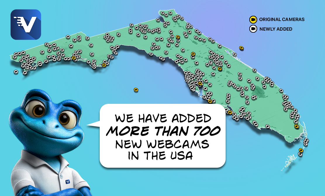 📷 New live look at the sky!
We’ve teamed up with Weatherstem.com and added 700+ webcams—most of them across the southern USA. Florida gets the biggest boost 🚀.
Check the webcams in Ventusky and watch the network light up. The picture shows how dense the coverage is now