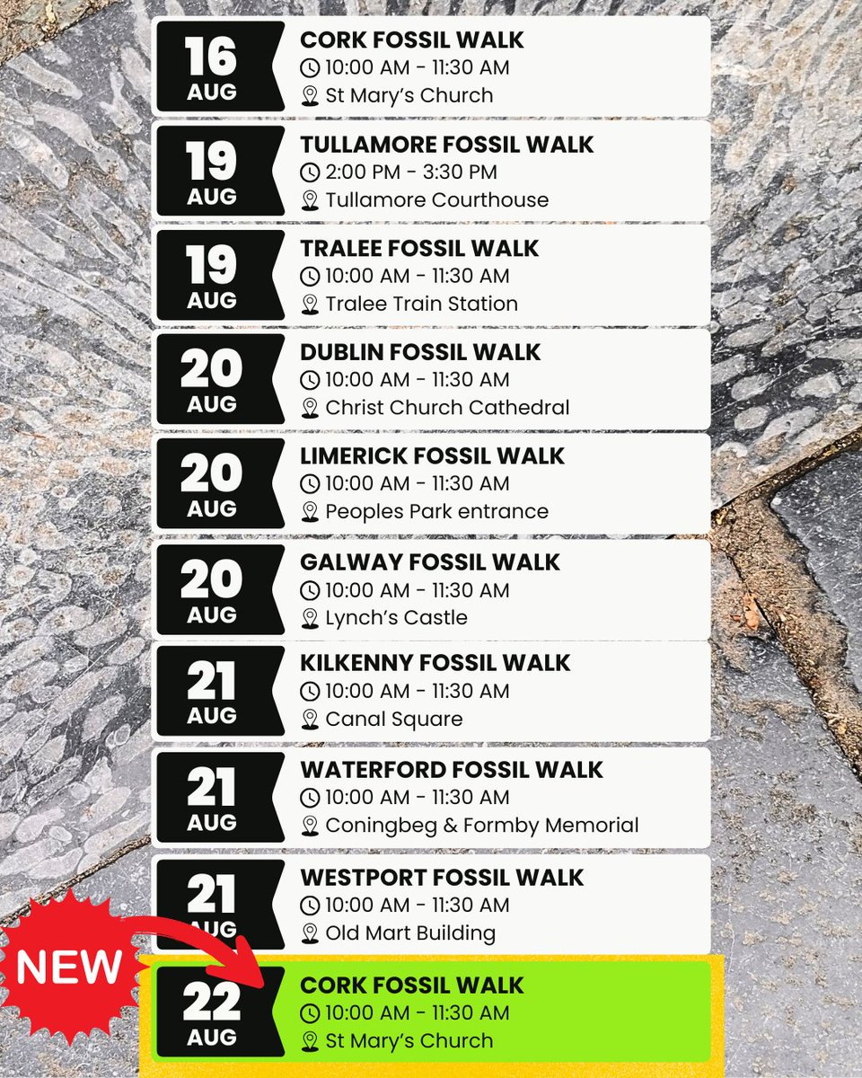 Ireland's Fossil Heritage (@irishfossils) on Twitter photo Due to popular demand, we’ve another Fossil Walk in Cork City on Aug 22nd!
Spots are still available for our fossil walks in:
Cork, Dublin, Limerick, Galway, Westport, Tralee, Tullamore, Kilkenny, and Waterford.
📧 Email jfranklin@ucc.ie to book
#heritageweek2025 Due to popular demand, we’ve another Fossil Walk in Cork City on Aug 22nd!
Spots are still available for our fossil walks in:
Cork, Dublin, Limerick, Galway, Westport, Tralee, Tullamore, Kilkenny, and Waterford.
📧 Email jfranklin@ucc.ie to book
#heritageweek2025