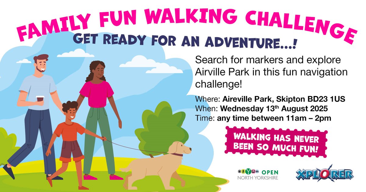 Our next fun family Xplorer navigation challenge will be held on Wednesday 13th August at Aireville Park, Skipton.
Why not come along and join us for lots of free family fun.
We will be outside the play park/leisure centre entrance from 11:00 – 2:00 pm.