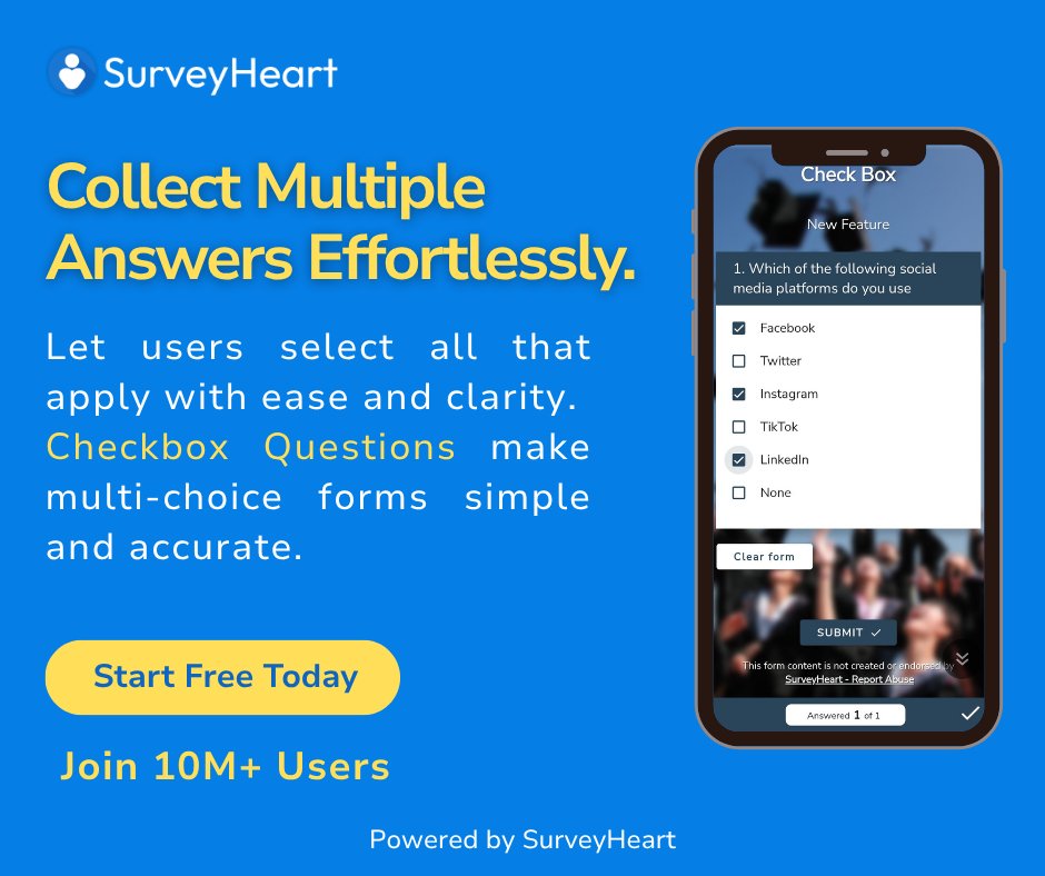 surveyheartapp's tweet image. Don’t limit your users to just one answer.
SurveyHeart’s Checkbox Questions let them select everything that applies.
Trusted by over 10 million users.
#SurveySmart #SurveyHeart #FormBuilder  #MobileForms #OnlineForms #SurveyTools #OnlineQuizzes #SurveyApp #CheckboxPower