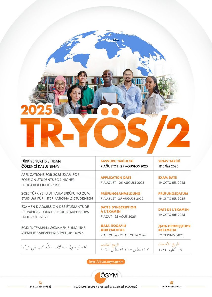 2025 Türkiye Yurt Dışından Öğrenci Kabul Sınavı (TR-YÖS/2) 19 Ekim 2025 tarihinde yapılacaktır.

🗓Başvuru tarihleri: 7-25 Ağustos 2025

🔗Detaylı Bilgi: tryos.osym.gov.tr
