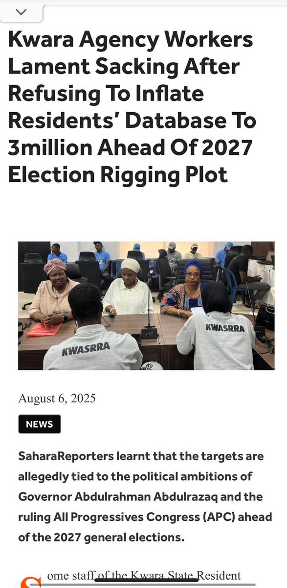 The Town Crier (@iamthetowncrier) on Twitter photo Report of some staff of the Kwara State Resident Registration Agency (KWASSRA), refusing to manipulate register to favour Governor <a href="/RealAARahman/">Abdulrahman Abdulrazaq</a>βs future election is highly commendable.
Nigerians must rise in support of those staff, and any attempt by <a href="/RealAARahman/">Abdulrahman Abdulrazaq</a> Report of some staff of the Kwara State Resident Registration Agency (KWASSRA), refusing to manipulate register to favour Governor <a href="/RealAARahman/">Abdulrahman Abdulrazaq</a>βs future election is highly commendable.
Nigerians must rise in support of those staff, and any attempt by <a href="/RealAARahman/">Abdulrahman Abdulrazaq</a>