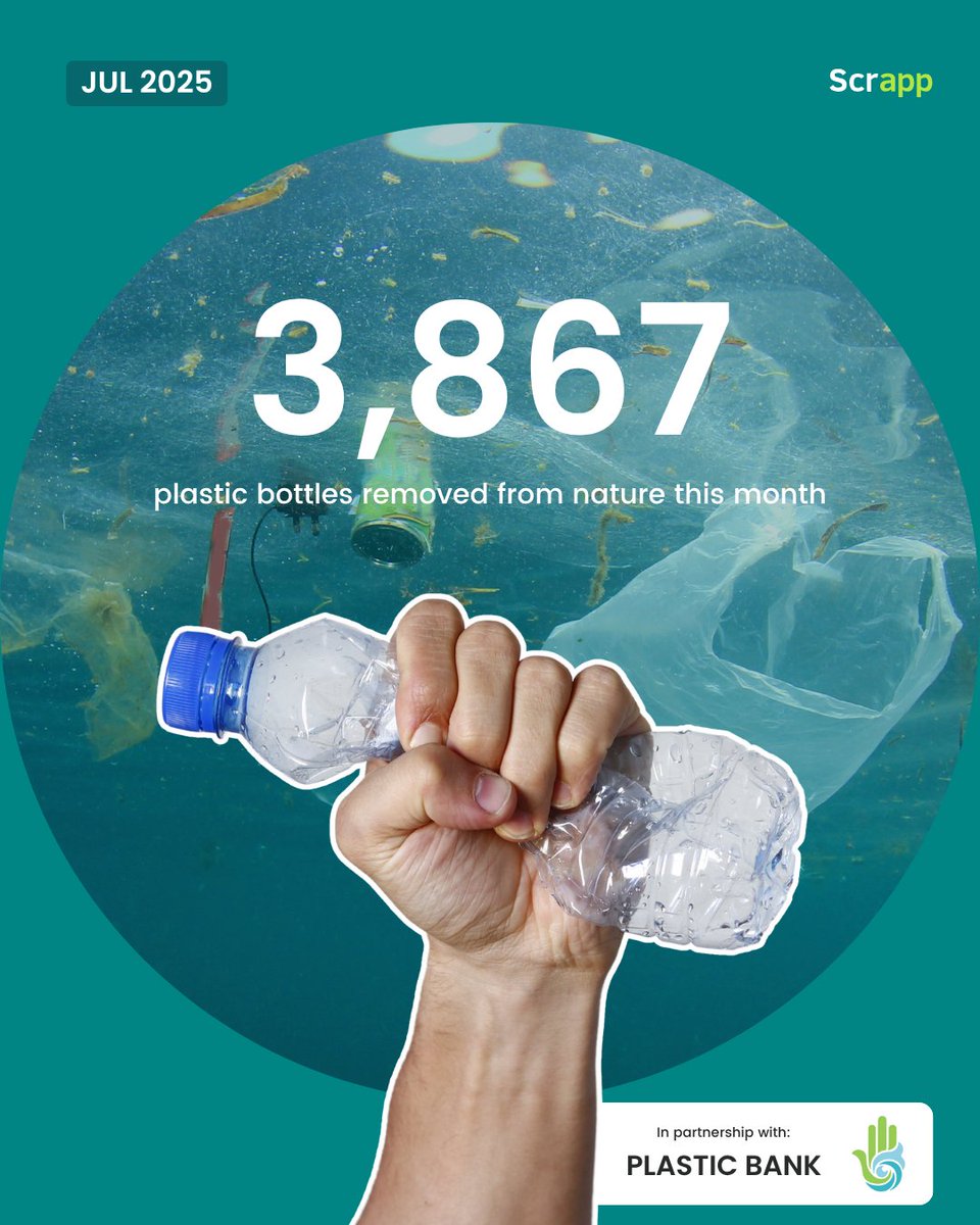 scrappzero's tweet image. Plastic Impact Report Tweet
🎯 July Impact: 3,867 bottles removed from nature!
For every waste item tracked, we remove 1 plastic bottle via @PlasticBank. Our community&apos;s verified impact helps businesses track sustainability goals in real-time 📊
#Sustainability #WasteReduction