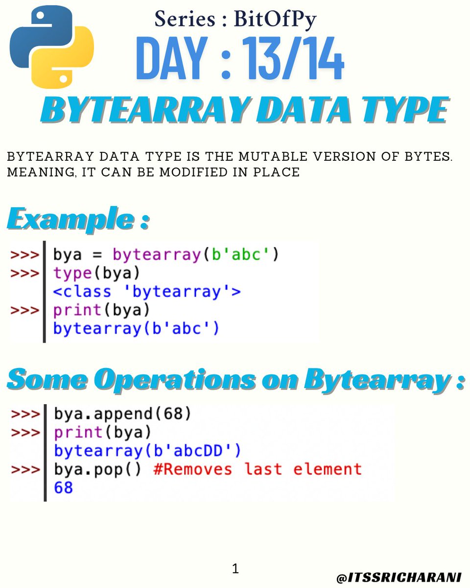 itsSricharani's tweet image. Learn Python One Page at a Time with my new series : #BitOfPy
DAY THIRTEEN : BYTEARRAY Data Type
Simple examples & definition below ↓
🌈 Follow me (@itsSricharani) for the next updates 🌈
#pythonlearning #python #bitofpy
