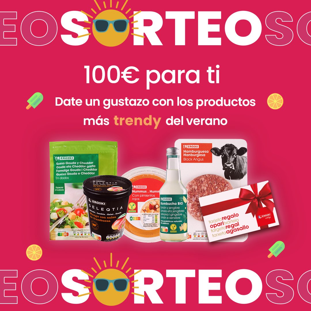 ☀️ ¡SORTEAMOS 100€! ☀️

Este verano, consigue lo más #trendy de EROSKI: snacks, productos #healthy y más. 🛒🎉

🎁 Gana 100€ para llenar tu carrito.

¿Cómo?
 ✅ Síguenos en IG
 💬 Menciona a quien lo probarías todo 😉
Hasta el 24 de agosto 👉🏼 eros.ki/370b14 🍀