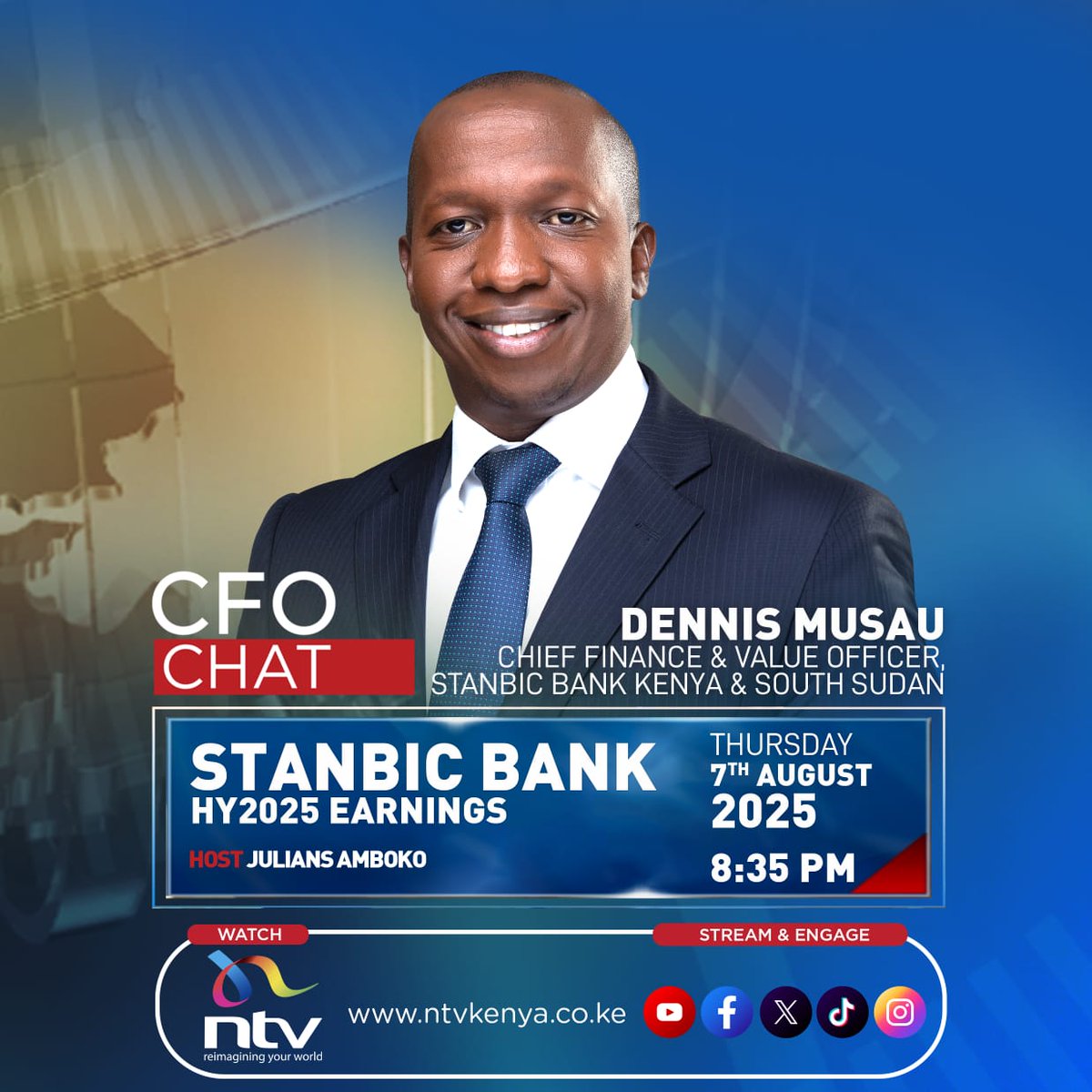 AmbokoJH's tweet photo. It's that season, earnings are rolling in!

Tonight, one-on-one with @StanbicKE's @Musaus on @ntvkenya's #CFOChat for a look at the bank's HY2025 numbers.

8:35pm! https://t.co/b8akfW04c9