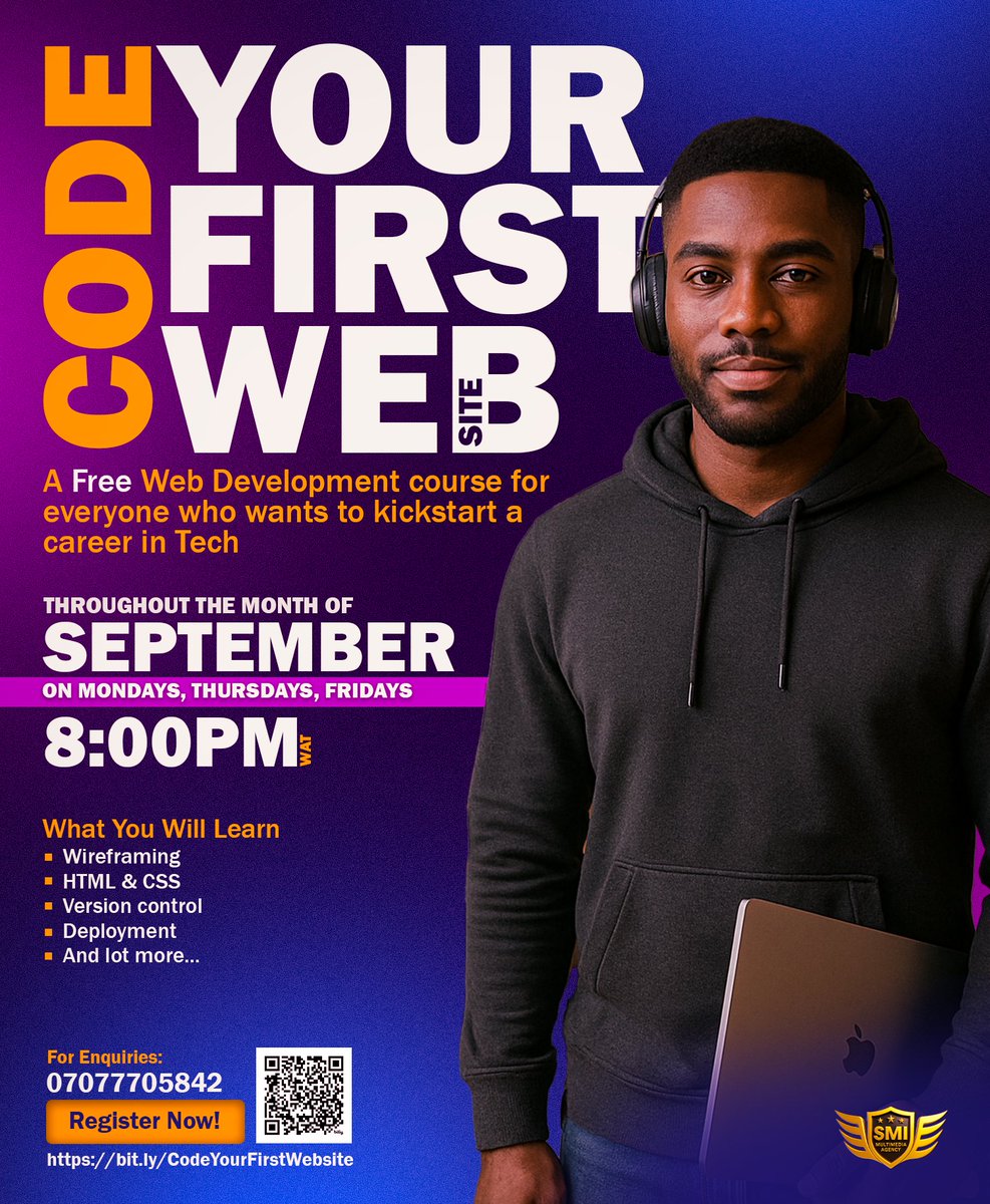 spwebtech87's tweet image. 🚀 Ever wanted to build a website from scratch?
Join our FREE Web Dev Bootcamp this September!
Learn HTML & CSS — no experience needed.
100% online via Google Meet. All ages welcome!
👉 Register now: bit.ly/CodeYourFirstW…
#FreeCodingBootcamp #LearnToCode #WebDev #TechNigeria