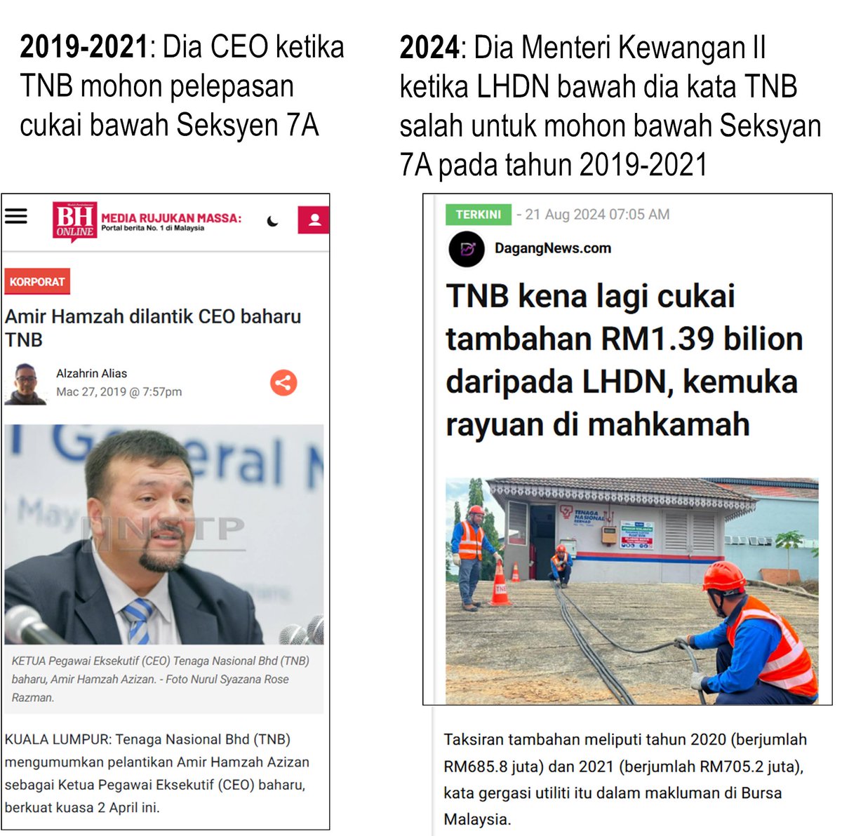 2019–2021: He was the CEO when TNB applied for tax relief under Section 7A.

2024: He becomes the Second Finance Minister, and the IRB — under his ministry — now claims that TNB made the wrong application under Section 7A during the exact period he was CEO, slapping the company