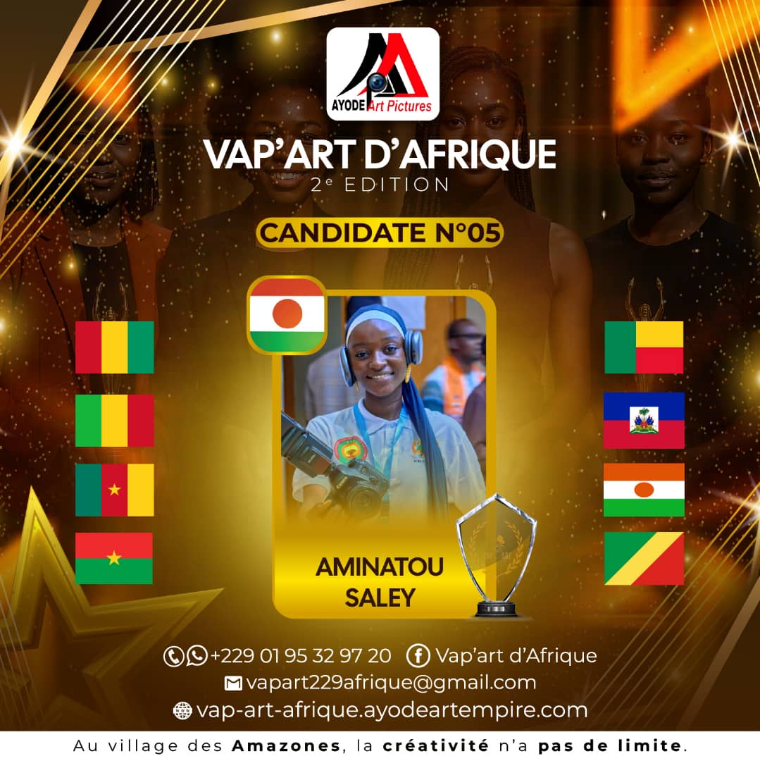 Elle a l’œil, le talent et la vision !Découvrez Aminatou Saley, notre 5e candidate du Niger 🇳🇪 du VAP'ART.
Engagée et passionnée, elle documente des projets humanitaires (UNICEF, HCR) pour éveiller les consciences à travers son objectif. 
#VAPART #PhotographieAfricaine #Niger