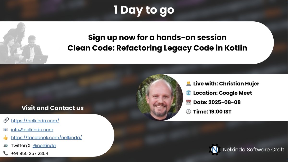 nelkinda's tweet image. 🚨TOMORROW!
Still pushing code that needs a warning label? 😬
Time to detox. Join @christianhujer for "Clean Code in Kotlin"
🗓 Aug 8, 🕖 7 PM IST
🔗 meetup.com/meetup-group-n…
Or
🔗 triffuns.com/events/1c26f18…
#LegacyCode #KotlinCraft #CleanCode @nelkinda