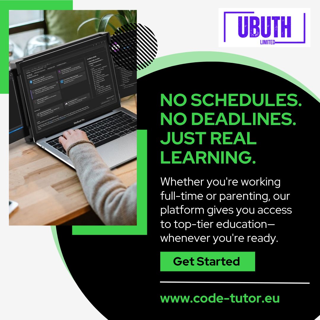 ubuthlimited's tweet image. At Code Tutor, all our courses are built to fit your schedule. Whether you're working full-time or parenting, our platform gives you access to top-tier education—whenever you're ready. #CodeAtYourPace #WebDevTraining