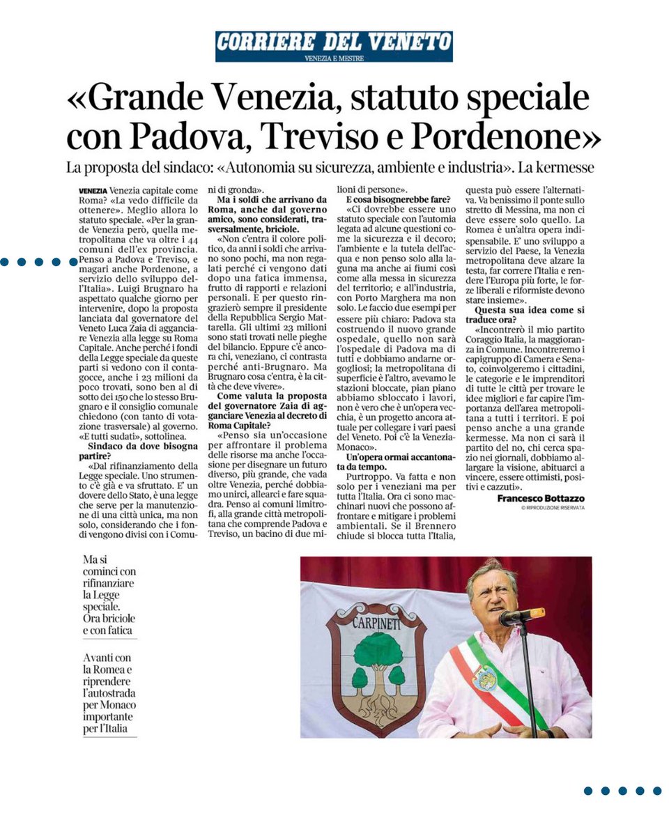 🗞️Uno statuto speciale per la Venezia Metropolitana con autonomia anche su sicurezza e decoro, ecco la mia intervista sul Corriere del Veneto di oggi.