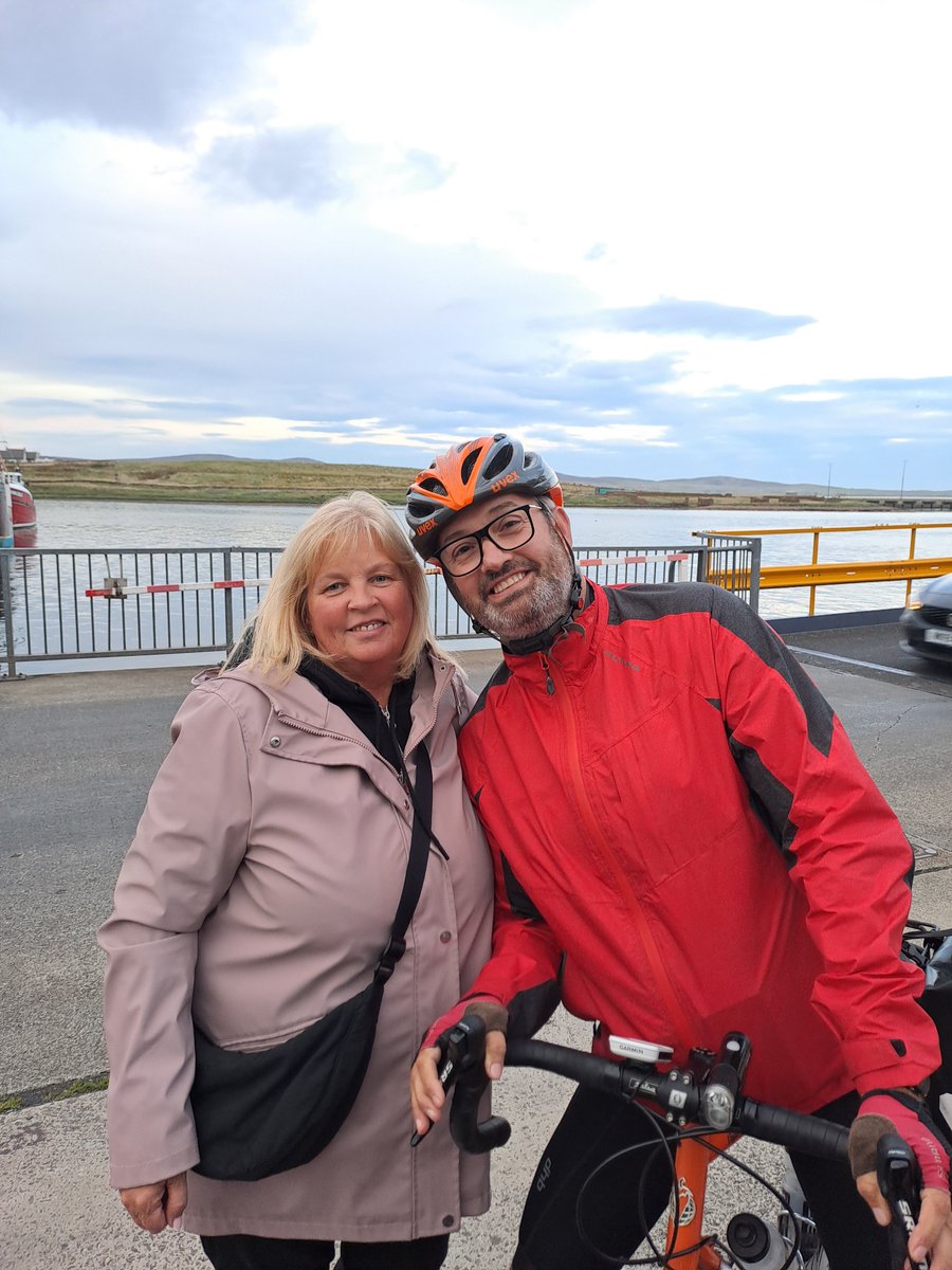 NickyJoiner's tweet photo. Met Neil off the ferry in Stromness with a cheer last night! 🚴‍♂️ What an achievement cycling 992 miles and stopping at all the Scottish Samaritan branches to raise money. So inspiring, link for donating in comments #charity #cyclingforacause https://t.co/wS3MZ05EH5