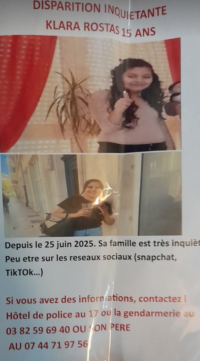 🔴 DISPARITION INQUIÉTANTE 
Dans le secteur de Nancy, Lorraine, la jeune Klara a disparu.
Ayant vu ces affiches sur des poteaux je vous invite à partager.