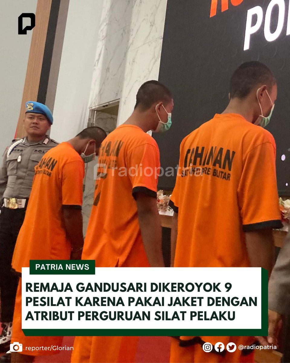 radiopatria's tweet photo. Seorang remaja asal Gandusari Blitar dikeroyok 9 oknum pesilat karena menggunakan atribut perguruan silat para pelaku.

AKP Momon Suwito Pratomo Kasat Reskrim Polres Blitar mengatakan total ada 9 oknum pesilat terlibat pengeroyokan ini. 3 di antaranya ditahan, sedangkan 6 lainnya https://t.co/H5K5sp7PRv