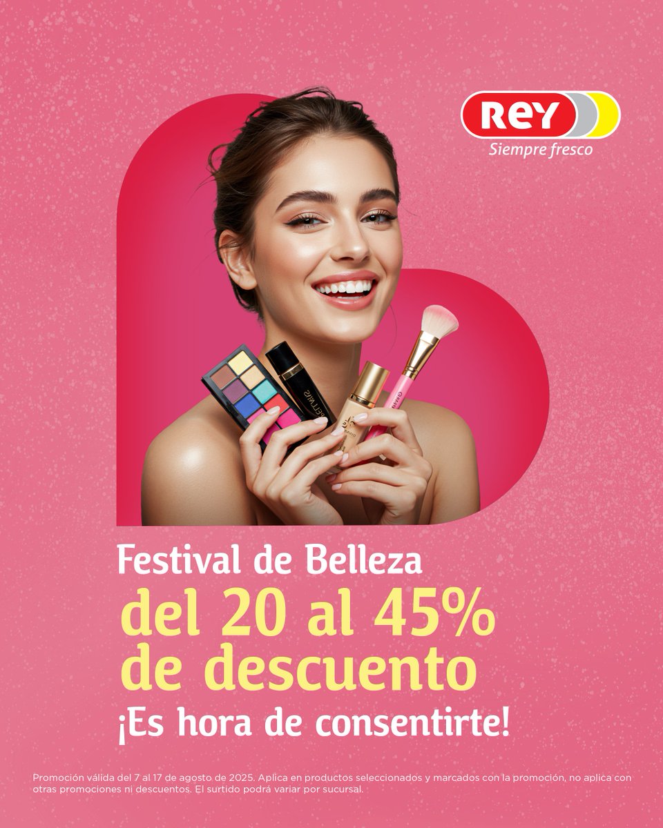 💄 ¡El momento de consentirte llegó!
Renueva tus esenciales con el Festival de Belleza en Supermercados Rey, con descuentos del 20% al 45% en productos seleccionados. ⭐
🗓️ ¡Del 7 al 17 de agosto!
✨ Maquillaje, cuidado facial, capilar y más.

¡Es hora de mimarte como te mereces!