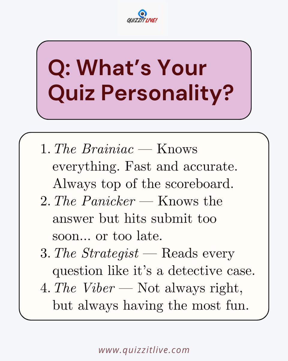 What kind of quiz player are you?

💥 The leaderboard chaser?
🤔 The second-guesser?
🧠 The strategist?
😂 The vibe master?
Tag your quiz crew &amp; let us know who you’d be on the team!

#QuizTime #QuizVibes #JustForFun #TeamTrivia #LearningCanBeFun