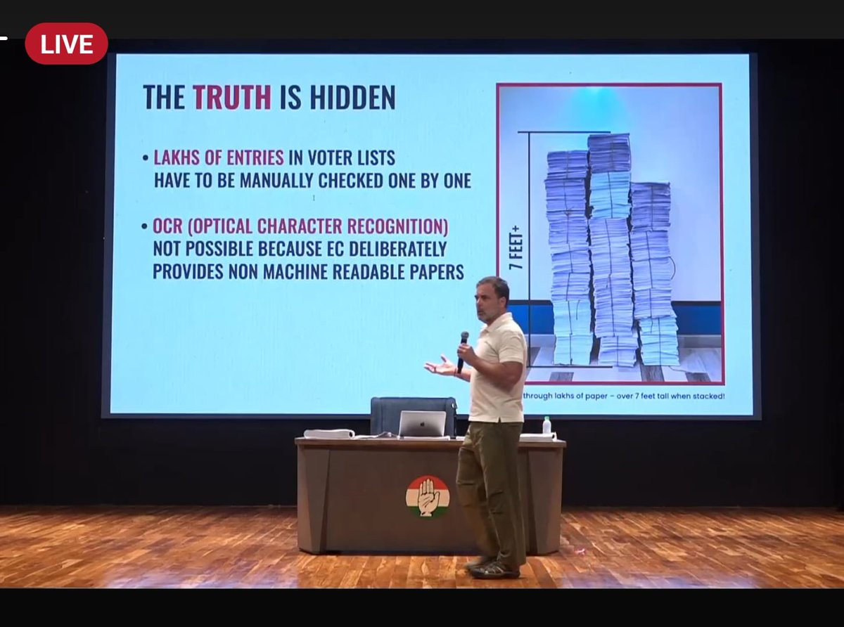 चुनाव आयोग इसलिए Digital Voter Rolls नही मुहैया कराता ताकि उसके द्वारा की गयी धांधली पकड़ी न जा सके....7 फ़ीट लंबा कागजों का ये ढेर सिर्फ एक कर्नाटक की विधानसभा का है!

: नेता विपक्ष श्री <a href="/RahulGandhi/">Rahul Gandhi</a> जी

#RahulExposesVoteChori