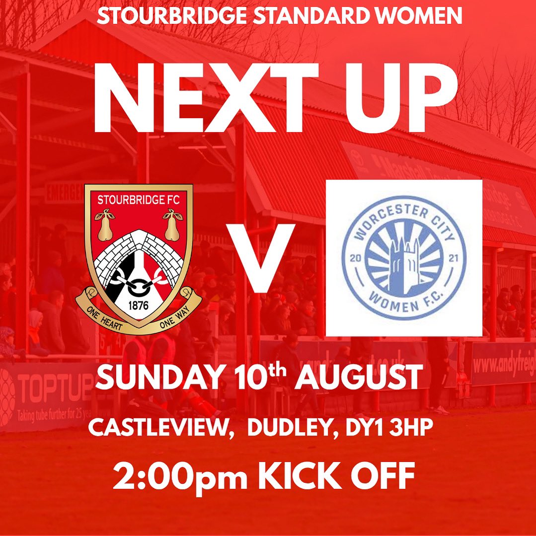 NEXT UP: We are back in pre season friendly action at home to Worcester City Reserves…

📆 Sunday 10th August 
🆚 Worcester City Reserves 
🏆 Friendly 
🏟️ CastleView 
🕰️ 14:00 KO
🎫 Free Entry 
🚘 Car Parking Available 

📍
Off the parade 
Dudley 
DY1 3HP