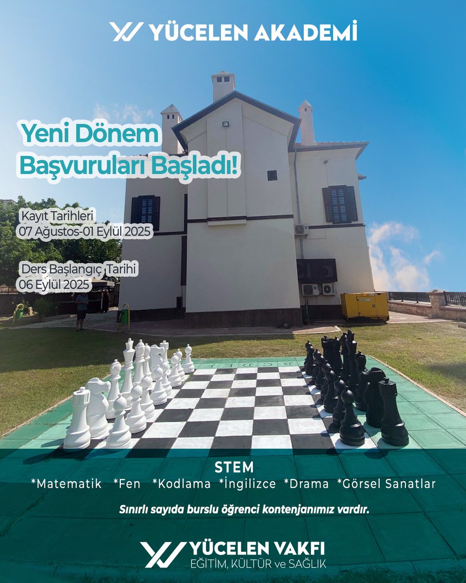 🎓 STEM Dersleri 6 Eylül'de başlıyor!
📍 Yücelen Vakfı / Yeşilyurt, Kısakahyaoğlu Konağı
📚 Matematik, Fen, Drama, İngilizce, Sanat, Kodlama
🗓 Kayıt: 7 Ağustos - 1 Eylül
📞 0507 078 39 89
📌 Sınırlı sayıda burslu öğrenci kontenjanımız vardır.
