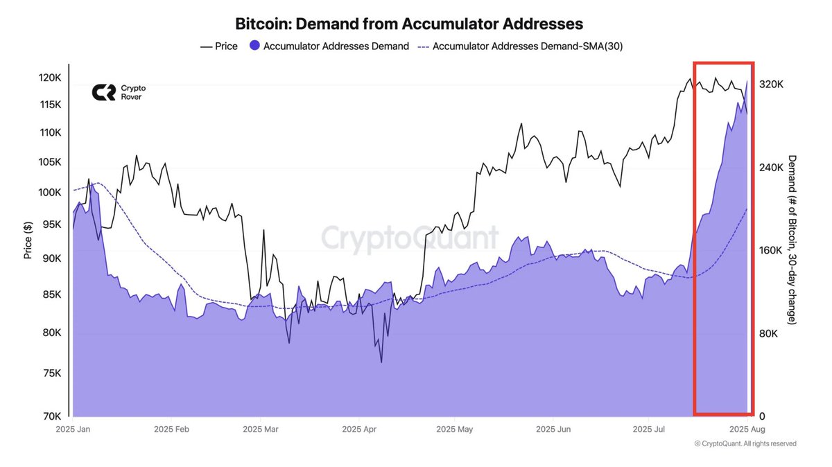 🚨 Massive Accumulation Alert Demand from Bitcoin accumulator wallets has  just exploded to 2025 highs — over 320K BTC (30-day change) 🔥  Historically, such spikes signal strong smart money confidence 👀 #BTC