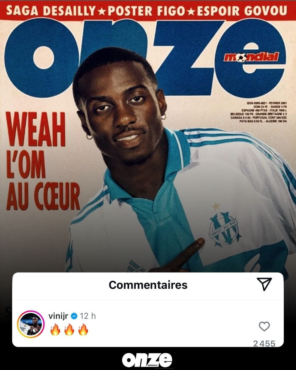 VueDuVel's tweet photo. 🔥🔥🔥 VINICIUS JR A VALIDÉ L’OM DE WEAH ! 🇧🇷🔵⚪
Sous la une de Onze Mondial où Timothy Weah s'affiche avec le maillot Olympien, Vinicius a lâché 4 flammes. Le respect est mondial. 🌍
𝑨 𝑳’𝑶𝑴, 𝒐𝒏 𝒊𝒎𝒑𝒐𝒔𝒆 𝒍𝒆 𝒓𝒆𝒔𝒑𝒆𝒄𝒕. 😤
#TeamOM #OMNation #MercatOM https://t.co/b4SqXNBMia