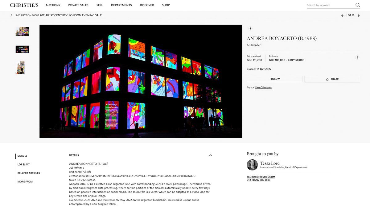 AB Infinite 1 by <a href="/andreabonac/">Andrea Bonaceto</a> was sold at Christie’s for £151,200 in 2022. The work is a generative digital installation powered by AI and built on the Algorand blockchain. It invites the public to engage in a continuous cycle of creation, where audience interactions help shape