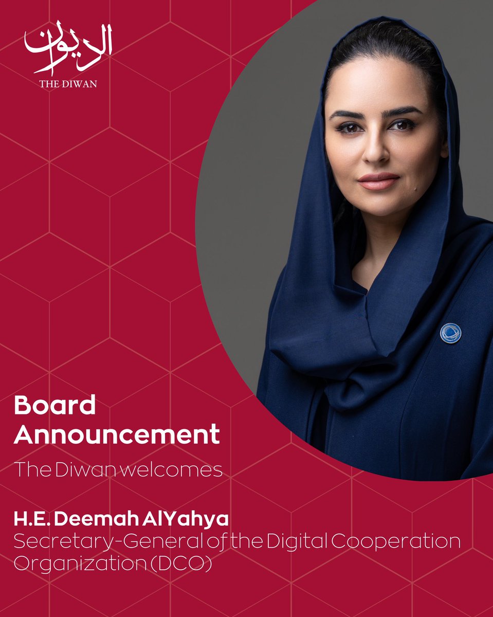We’re honored to welcome H.E. Deemah Al-Yahya, Secretary-General of the Digital Cooperation Organization, to The Diwan’s Board of Advisors. A true leader in digital transformation and inclusion. Welcome!
<a href="/Dalyahya/">Deemah AlYahya</a> 
<a href="/dcorg/">Digital Cooperation Organization</a>