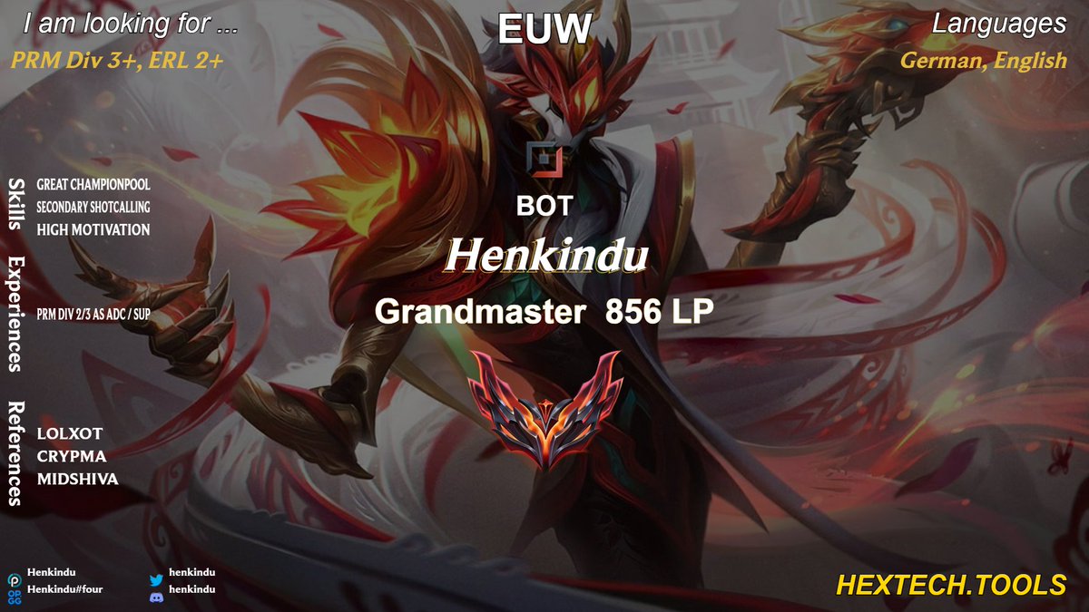 After my time in <a href="/KanjiEsports/">Kanji Esports</a>, i am going LFT again as an adc, primarily looking for PRM Div 3+ and ERL 2+

Hit me up if you are interested

Likes and Retweets are appreciated🤍