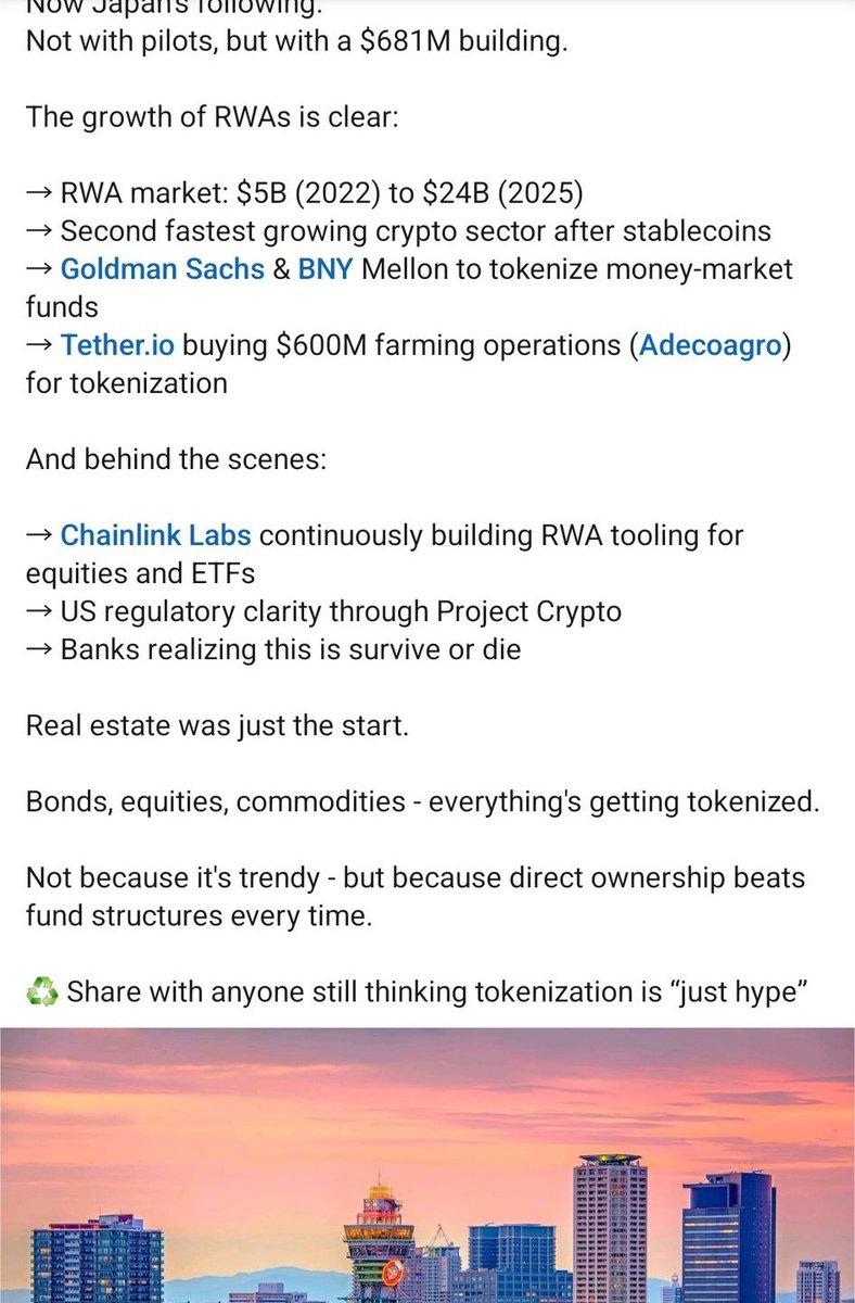 $Link Chainlink just helped make it possible to own a piece of a $681 million skyscraper in Japan straight from your phone... Sergey Talked about this at the ondo expo.. fractional ownership.

This isn’t some small pilot or test. Japan’s biggest bank put a real building on the