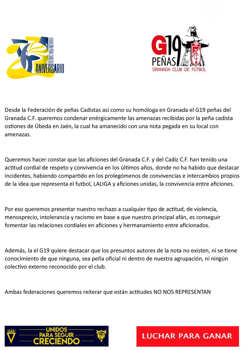 comunicado de la FED PEÑAS CADISTAS  y el G19 PEÑAS GRANADA