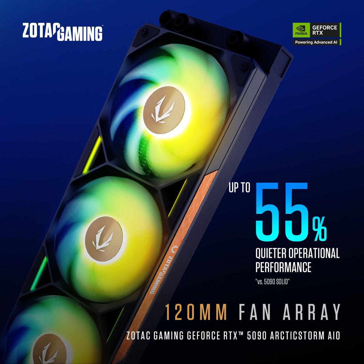 Hohe Leistung muss nicht laut sein.
Die 5090 ArcticStorm AIO ist dank seines integrierten 120-mm-Lüfterarrays und seiner effizienten Wasserkühlung bis zu 55 % leiser als die Standard-5090 SOLID.

Weitere Informationen – tinyurl.com/25mupzx3