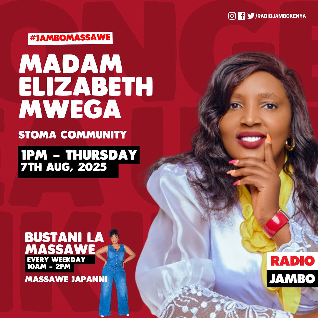 RadioJamboKenya's tweet photo. Madam Elizabeth Mwega kutoka #StomaCommunity ndiye mgeni wetu saa Saba. Usikose mahojiano haya na @massawejapanni
#ILIKUAJE #JamboMassawe #KituoChaWakenya https://t.co/OQBI4xYT5a