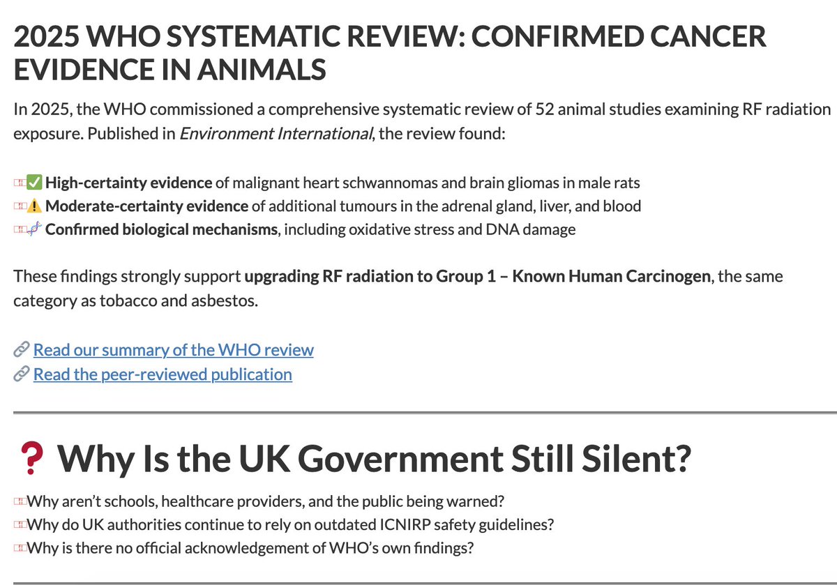 Why Is the UK Govt still silent on the health damage from wireless radiation?
Why aren’t schools, healthcare providers &amp; the public being warned?
Why does the UK still rely on discredited ICNIRP safety guidelines?
Why is the recent WHO review ignored?
radiationresearch.org/the-science-is…