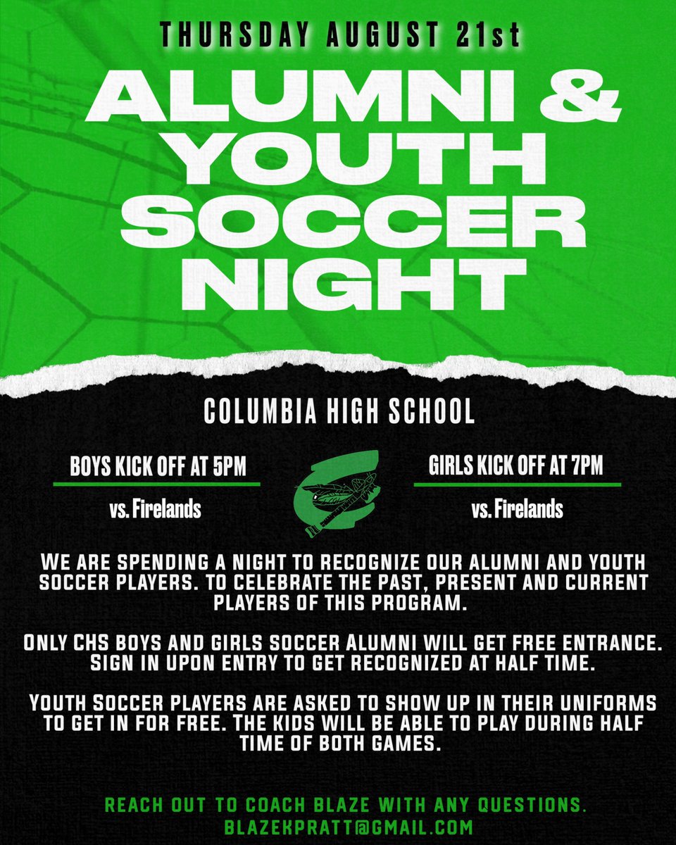 columbia_soccer's tweet photo. Come celebrate our Home Opener! Youth soccer players and CHS Soccer alumni get in for free! We want to honor the past, present and future CHS soccer players with a great night! https://t.co/w8IpxvFNEs