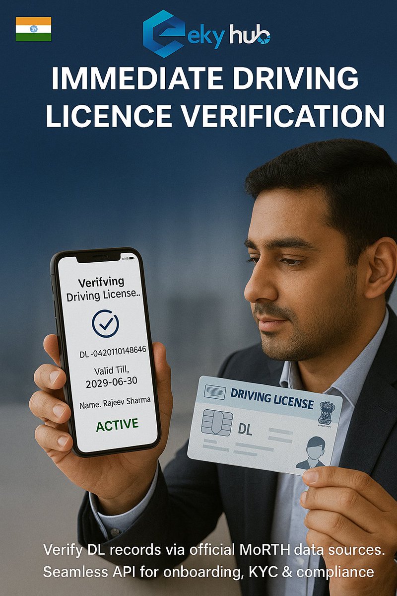 ekyc_hub's tweet image. Instant Driving License Verification made easy with EKYC Hub. Securely fetch DL records from official MoRTH sources – seamless integration for onboarding, KYC &amp;amp; compliance.#EKYCHub #APISolutions #DLVerification #KYCAPI #DrivingLicenseAPI #InstantVerification #APISecurity