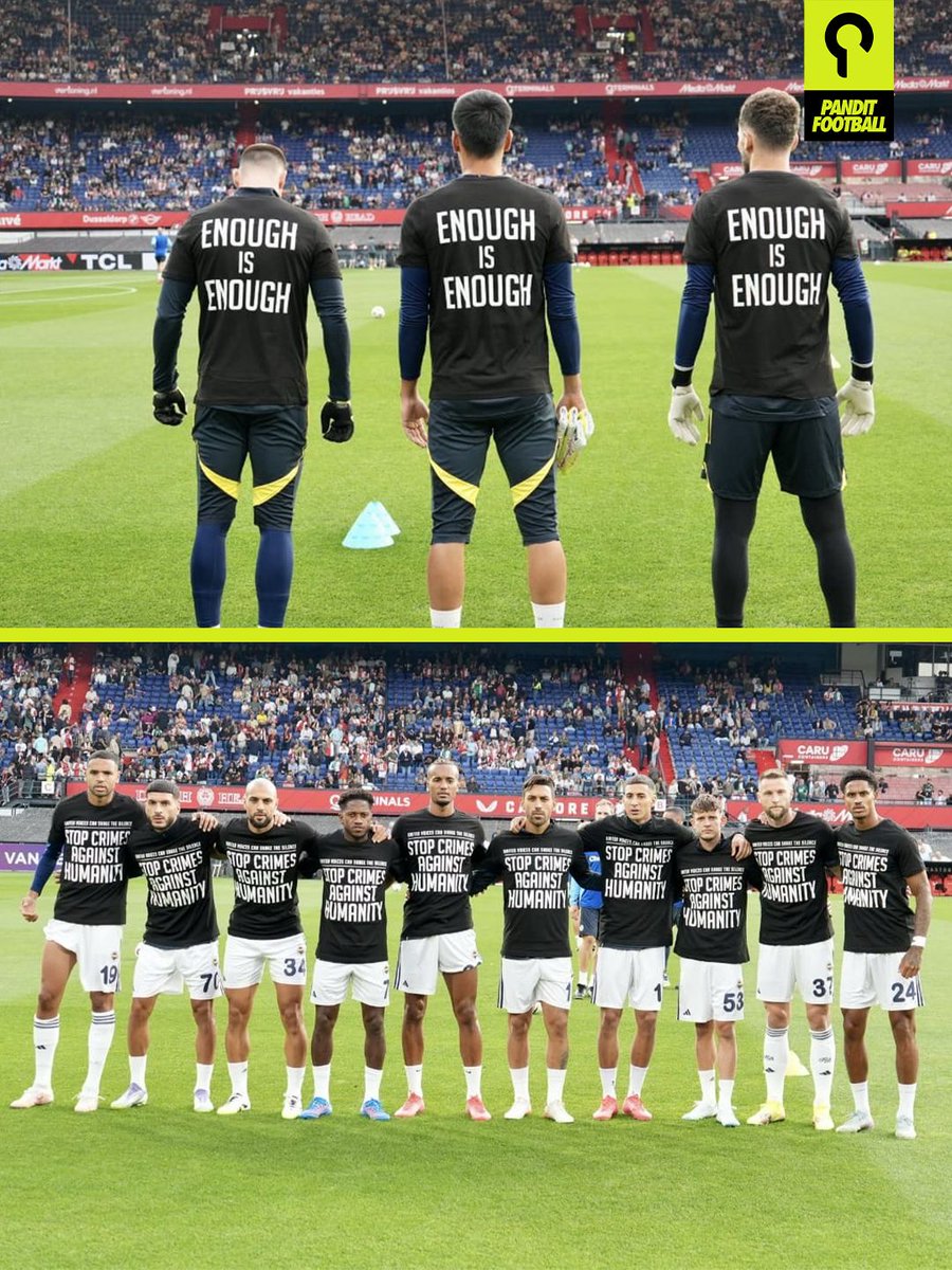 Para pemain Fenerbahçe mengenakan kaus bertuliskan “Enough is enough” dan “Stop crimes against humanity” saat pemanasan jelang laga kontra Feyenoord. Aksi ini menjadi simbol solidaritas mereka terhadap penderitaan warga sipil di Gaza.