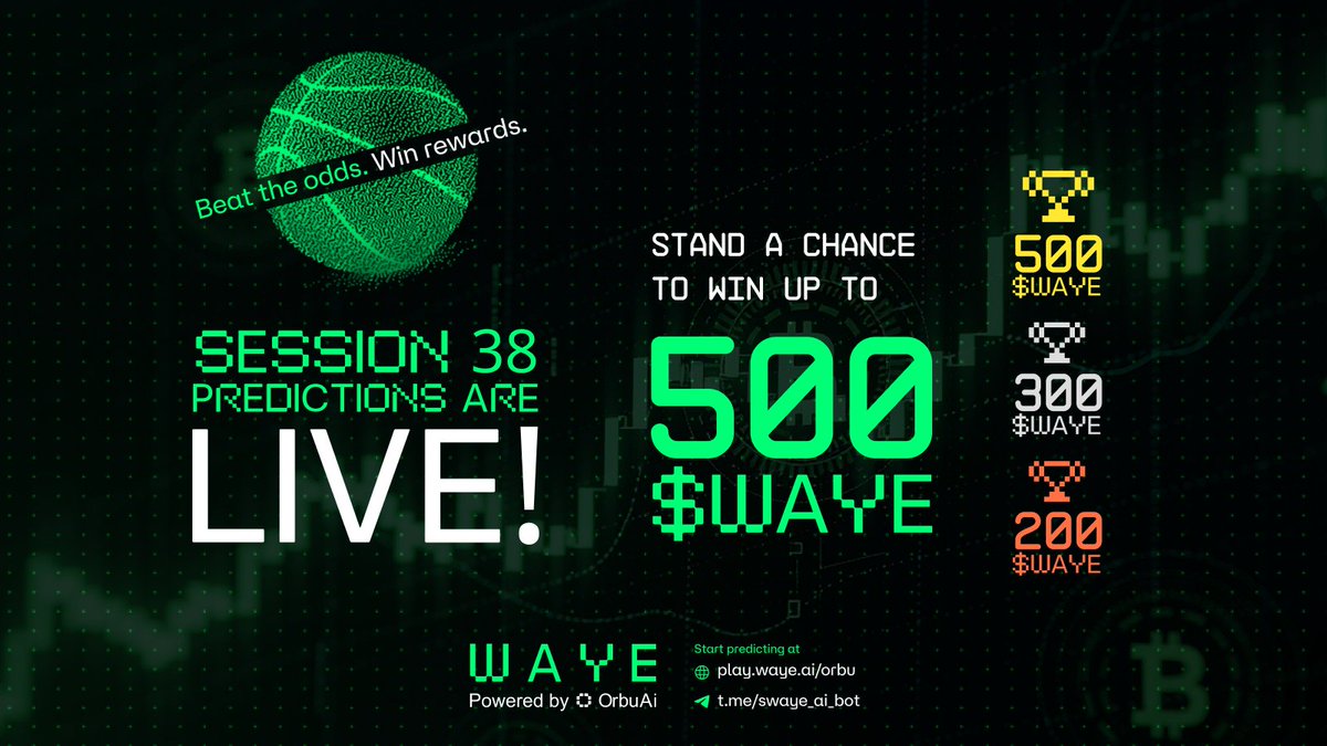 ⚡ SESSION 38 PREDICTIONS ARE LIVE!

Missed Session 37? Perfect timing, Session 38 just dropped &amp; it's hotter than ever! 🔥

What's cooking?
- Crypto price targets 
- Tech predictions 
- WAYEger's AI brain ⚙️ vs. 🧠 yours 

THE BOUNTY (1,000 $WAYE):
🥇 1st place: 500 $WAYE
🥈 2nd