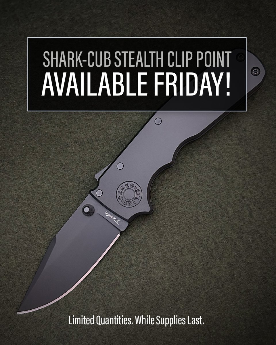 Demkoknives's tweet photo. We'll be restocking the Shark-Cub Stealth Clip Point in all black this Friday, at 12pm eastern time. Join the waitlist.

#performance #outdoors #edc https://t.co/7fKT9ruHVm