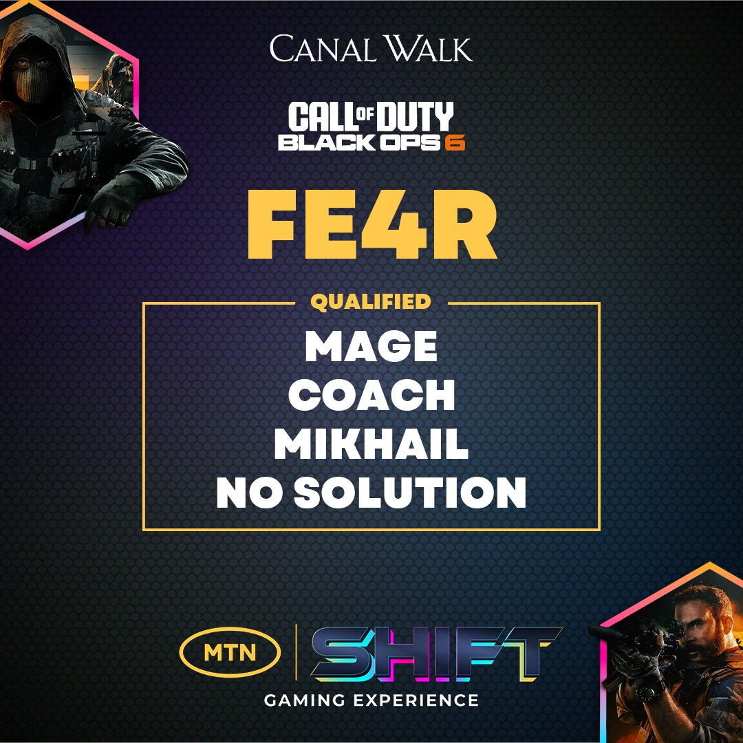 ACGL (@africangaming) on Twitter photo 🎯 Big GG to <a href="/FE4R_Esports/">FE4R</a>!
They’ve locked in their spot in the COD Black Ops 6 Finals at Canal Walk!
👀See you at the LAN — and maybe on the podium?
⚡<a href="/MTNza/">MTN South Africa</a> <a href="/ToyotaGamingSA/">The Toyota Gaming Engine</a> <a href="/ComputerManiaSA/">Computer Mania</a> <a href="/PCBuilderZA/">PCBuilderZA</a> <a href="/carry1st/">Carry1st</a>
#MTNShift 🎯 Big GG to <a href="/FE4R_Esports/">FE4R</a>!
They’ve locked in their spot in the COD Black Ops 6 Finals at Canal Walk!
👀See you at the LAN — and maybe on the podium?
⚡<a href="/MTNza/">MTN South Africa</a> <a href="/ToyotaGamingSA/">The Toyota Gaming Engine</a> <a href="/ComputerManiaSA/">Computer Mania</a> <a href="/PCBuilderZA/">PCBuilderZA</a> <a href="/carry1st/">Carry1st</a>
#MTNShift