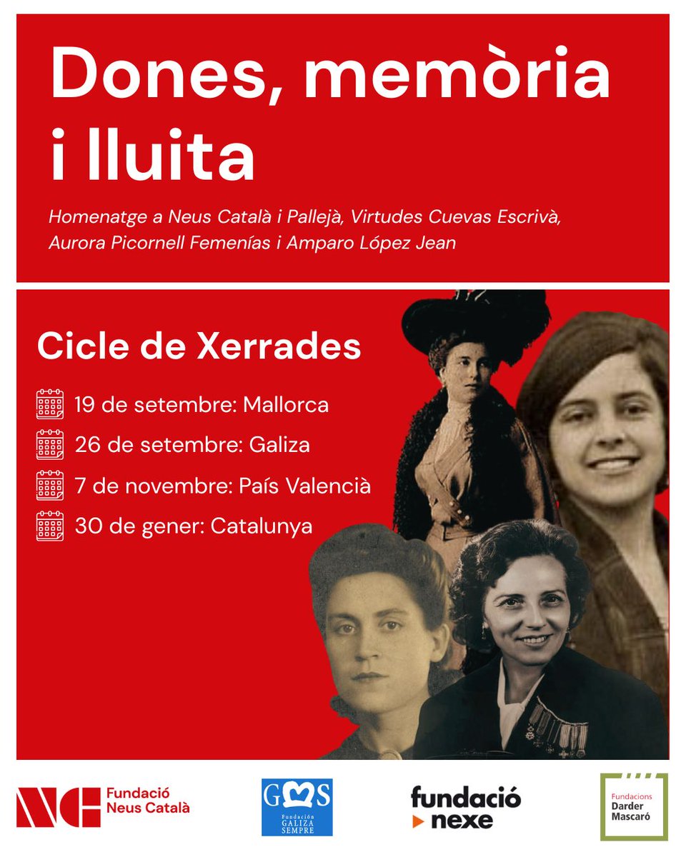 Neus Català (@neuscatala_fun) on Twitter photo 📅 Inaugurarem el pròxim curs amb un projecte profundament il·lusionant: parlarem de dones, memòria i lluita amb les fundacions <a href="/galizasempre/">Galiza Sempre</a>, <a href="/fnexe/">Fundació Nexe</a> i <a href="/dardermascaro/">Fundacions Darder-Mascaró</a>!
👉 Un homenatge a Neus Català, Virtudes Cuevas, Aurora Picornell i Amparo López.
🤭 Aviat, més informació! 📅 Inaugurarem el pròxim curs amb un projecte profundament il·lusionant: parlarem de dones, memòria i lluita amb les fundacions <a href="/galizasempre/">Galiza Sempre</a>, <a href="/fnexe/">Fundació Nexe</a> i <a href="/dardermascaro/">Fundacions Darder-Mascaró</a>!
👉 Un homenatge a Neus Català, Virtudes Cuevas, Aurora Picornell i Amparo López.
🤭 Aviat, més informació!