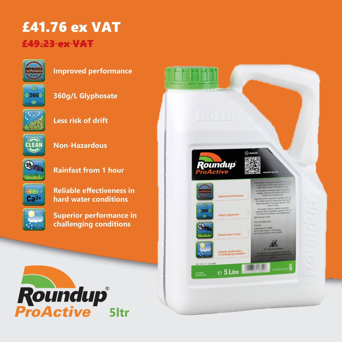 Roundup ProActive
🌱 Rainfast within 1 hour
🌱 The widest label fields of use
🌱 Widest range of tested tank-mixing partners
🌱 Drift reduction properties
🌱 Excellent in challenging conditions
🌱 ONLY £41.76 per 5 ltr
ow.ly/l5ut50WAwg5